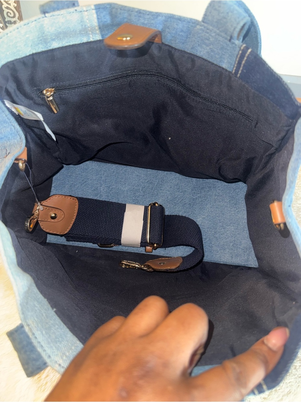C&C California Blue Denim Patchwork Tote with Leather Logo - Picture 5 of 8